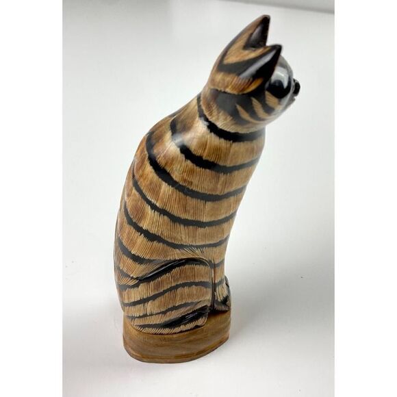 Carved Wooden Striped Cat Figurine Made in Thailand 7 in Tall Brown Black Unique - Picture 3 of 9